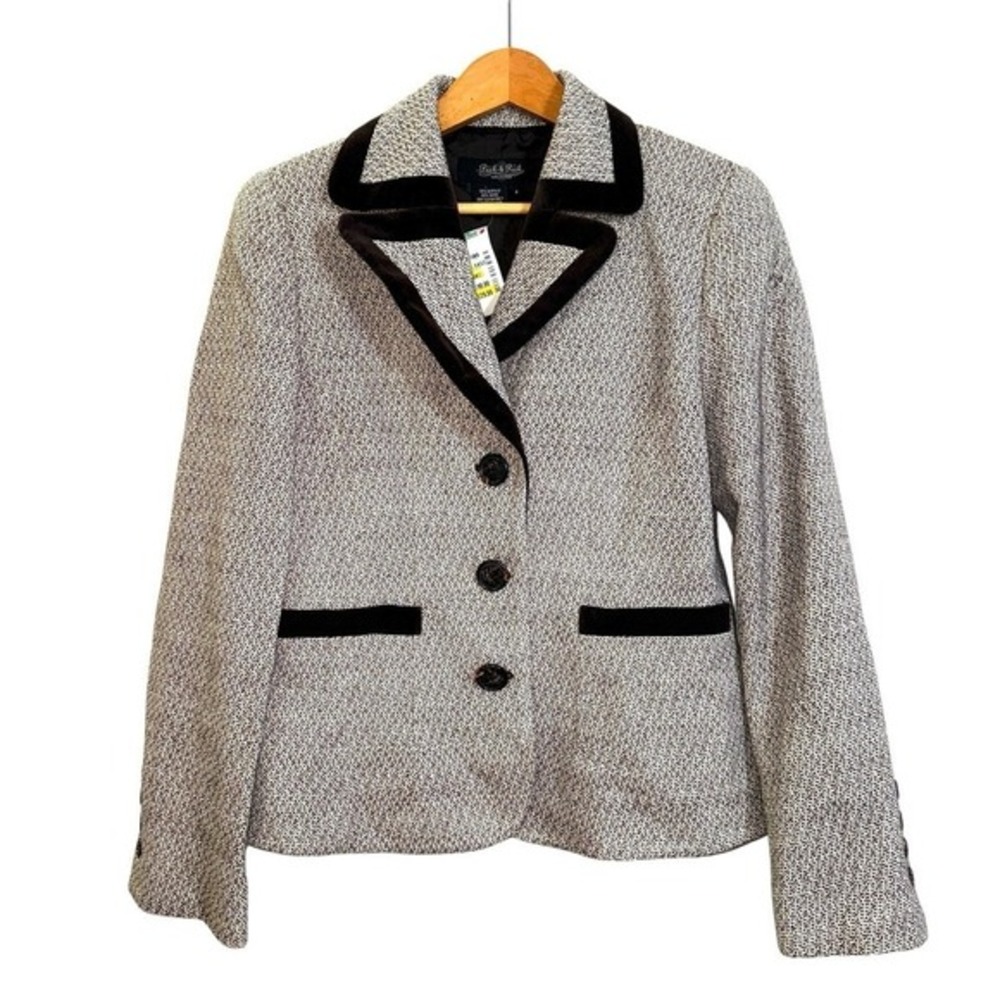 NEW Peck & Peck Blazer Womens 4 Blazer Ivory‎ Brown Tweed Wool Blend Velvet Trim